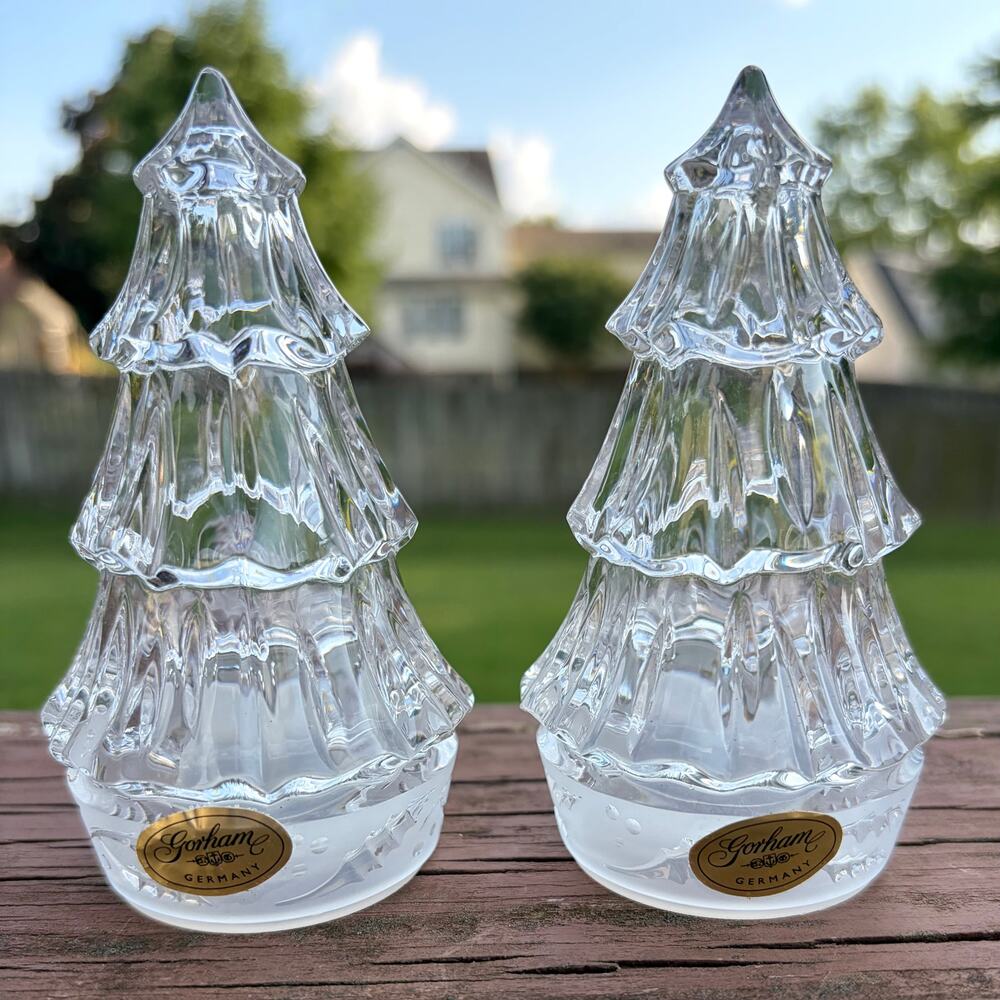 Vintage Gorham Crystal Christmas Tree Salt & Pepper Shaker Set Germany Holiday